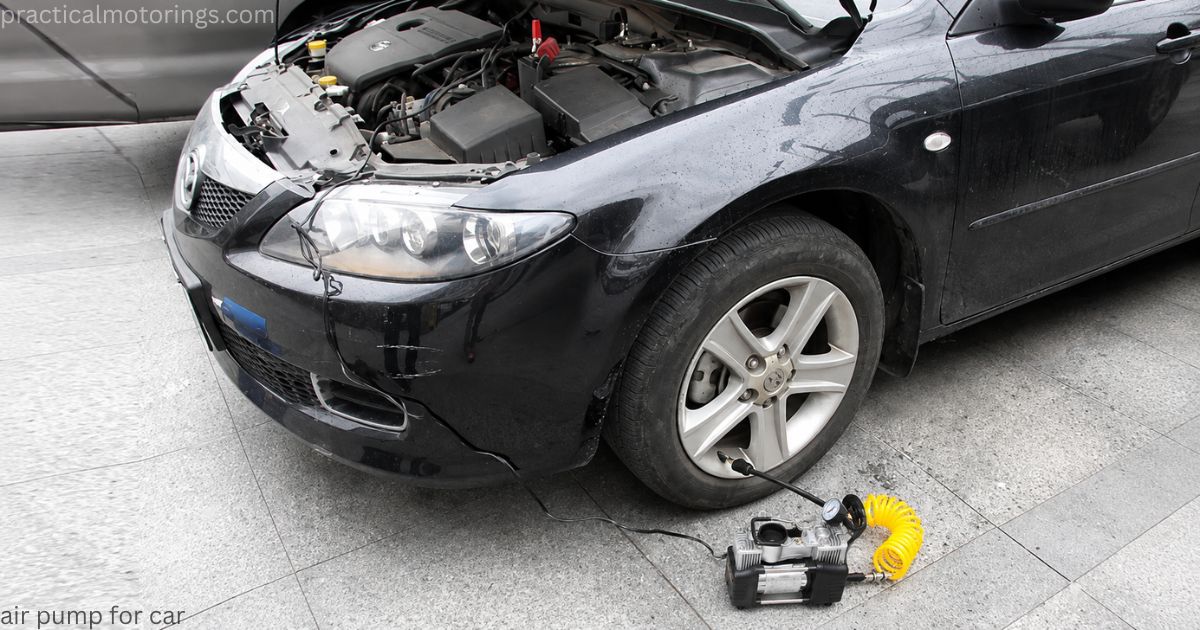 Portable air pump for car tires plugged into a vehicle's 12V socket in winter