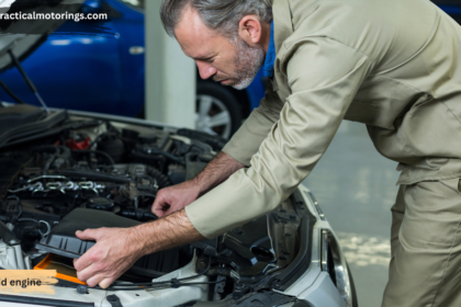 Mechanic inspecting and servicing a car engine under an open hood in an automotive repair workshop.