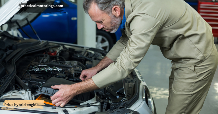 Mechanic inspecting and servicing a car engine under an open hood in an automotive repair workshop.