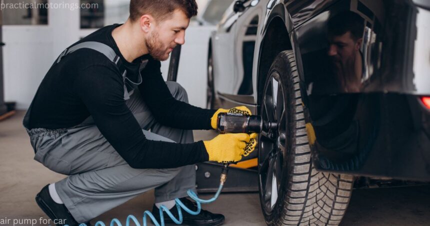Portable air pump for car tires plugged into a vehicle's 12V socket in winter
