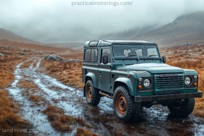 Land Rover Defender car parked on a rocky off road trail