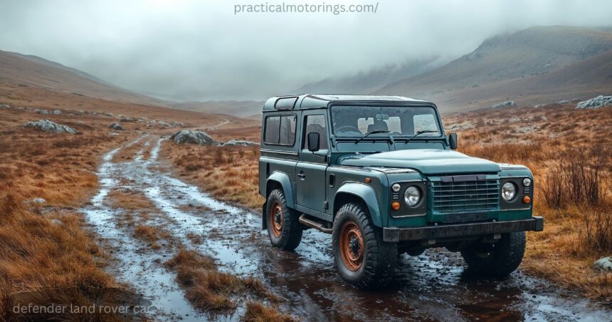 Land Rover Defender car parked on a rocky off road trail