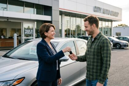 A wide-angle, eye-level photograph shows a woman in a navy blazer and patterned blouse handing car keys to a smiling man in a green plaid shirt and jeans. They stand on a paved lot in front of a modern dealership, identified as "CITY AUTO GROUP" by signage on the building and "TRADE-IN SPECIALISTS" on the glass entrance. Behind them is a silver sedan with a "SOLD" sign and a variety of other vehicles in a larger parking area. The sky is partly cloudy, and the light suggests late afternoon.